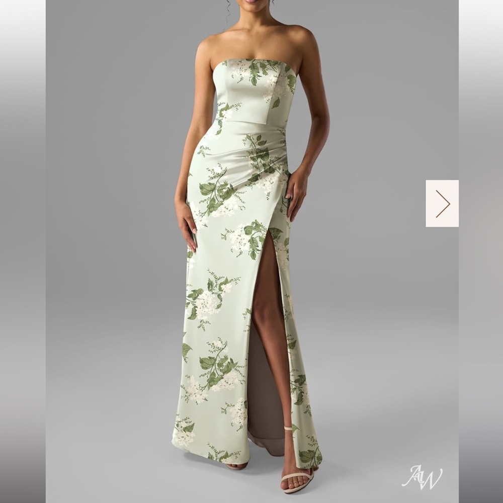 Green Strapless Ruched Sheath Dress with Slit